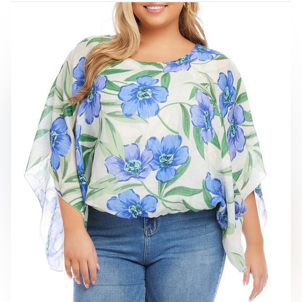 NWT Karen Kane Plus Size 3X Blouson Scarf Tunic Top 100% Linen Floral Leaf